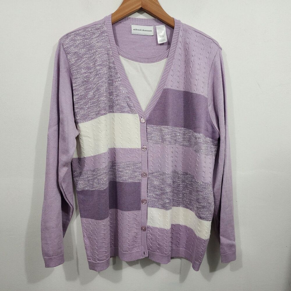 Alfred Dunner Blurred Stripes Knit Cardigan Button-front Purple White Womens L - Picture 2 of 14